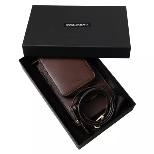 Dolce & Gabbana Brown Calf Leather Zip Logo Shoulder Neck Strap Wallet