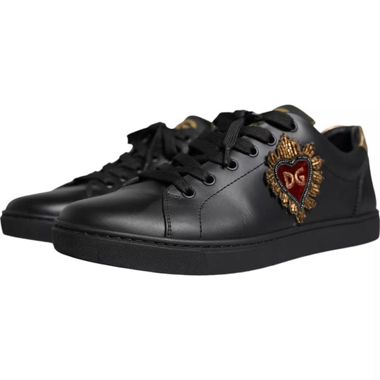 Dolce & Gabbana Black Leather Heart Low Top Sneaker Shoes