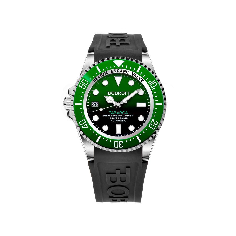 Bobroff White Rubber, Green Dial, 100 ATM, Professional Diver Watch From the Tabarca Collection