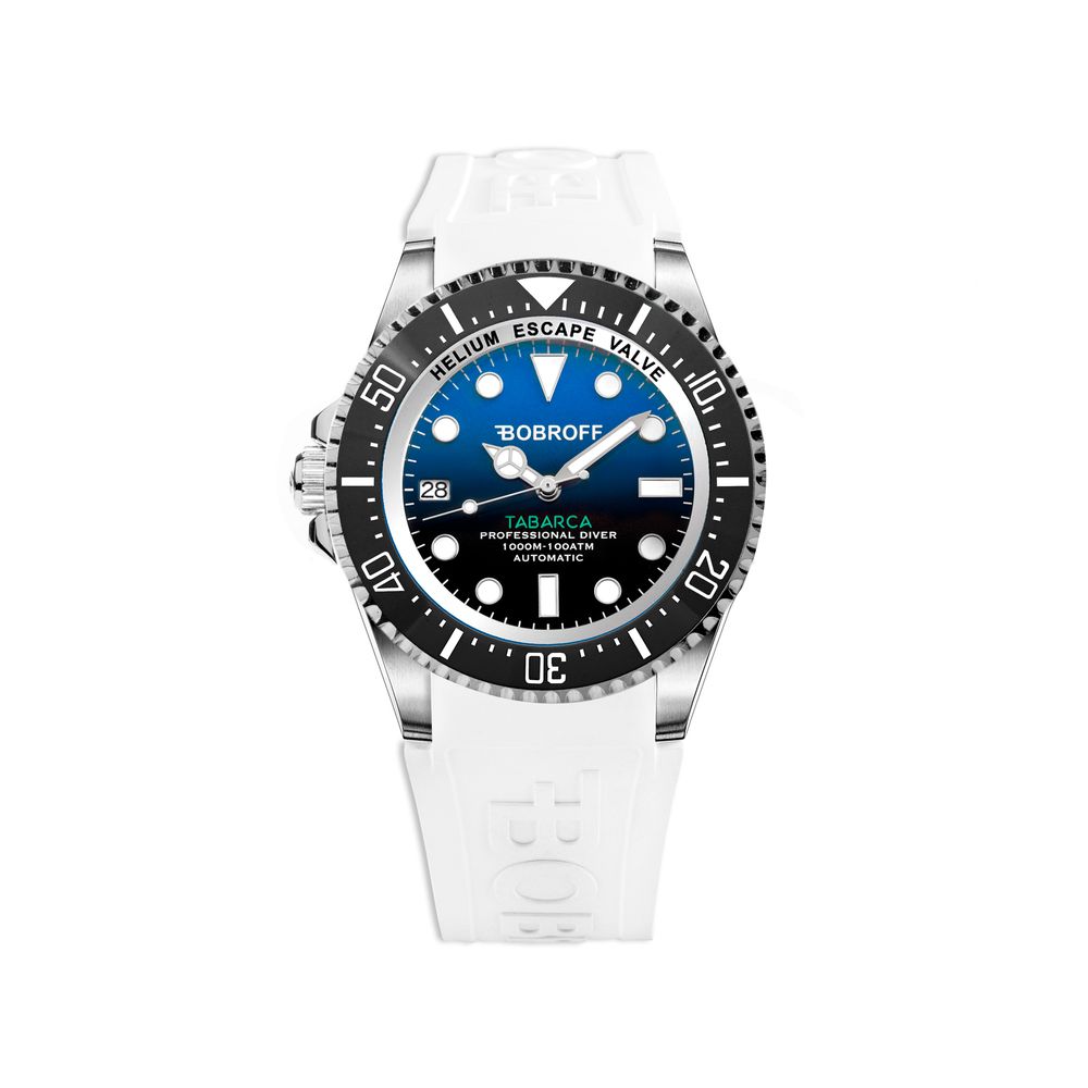 Bobroff White Rubber, Blue Dial, 100 ATM, Professional Diver Watch From the Tabarca Collection