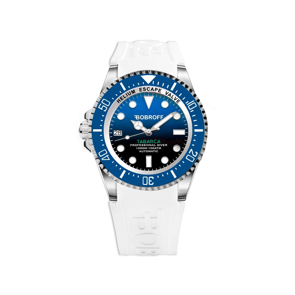 Bobroff watch with blue dial and white strap on a white background