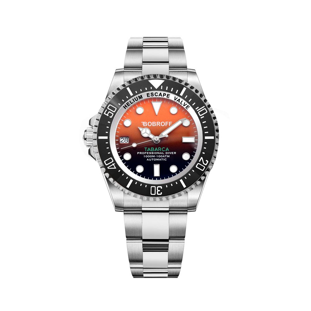 Silver watch with a black and orange face on a white background