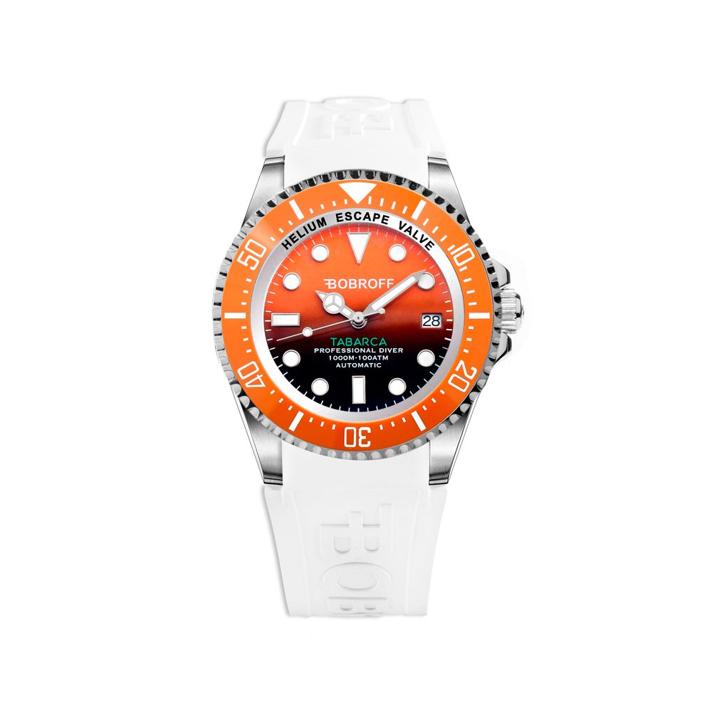 Bobroff White Rubber Orange Dial, 100 ATM, Professional Diver Watch From the Tabarca Collection