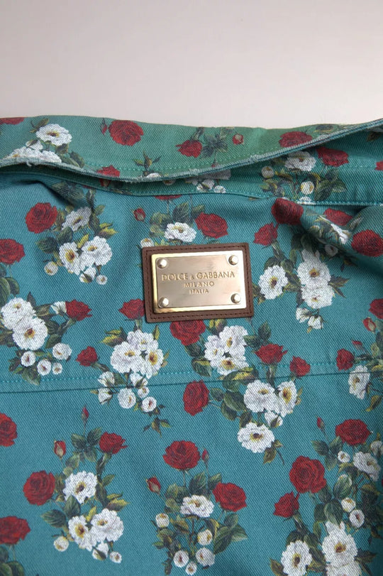 Dolce & Gabbana Blue Floral Cotton Button Down Denim Shirt