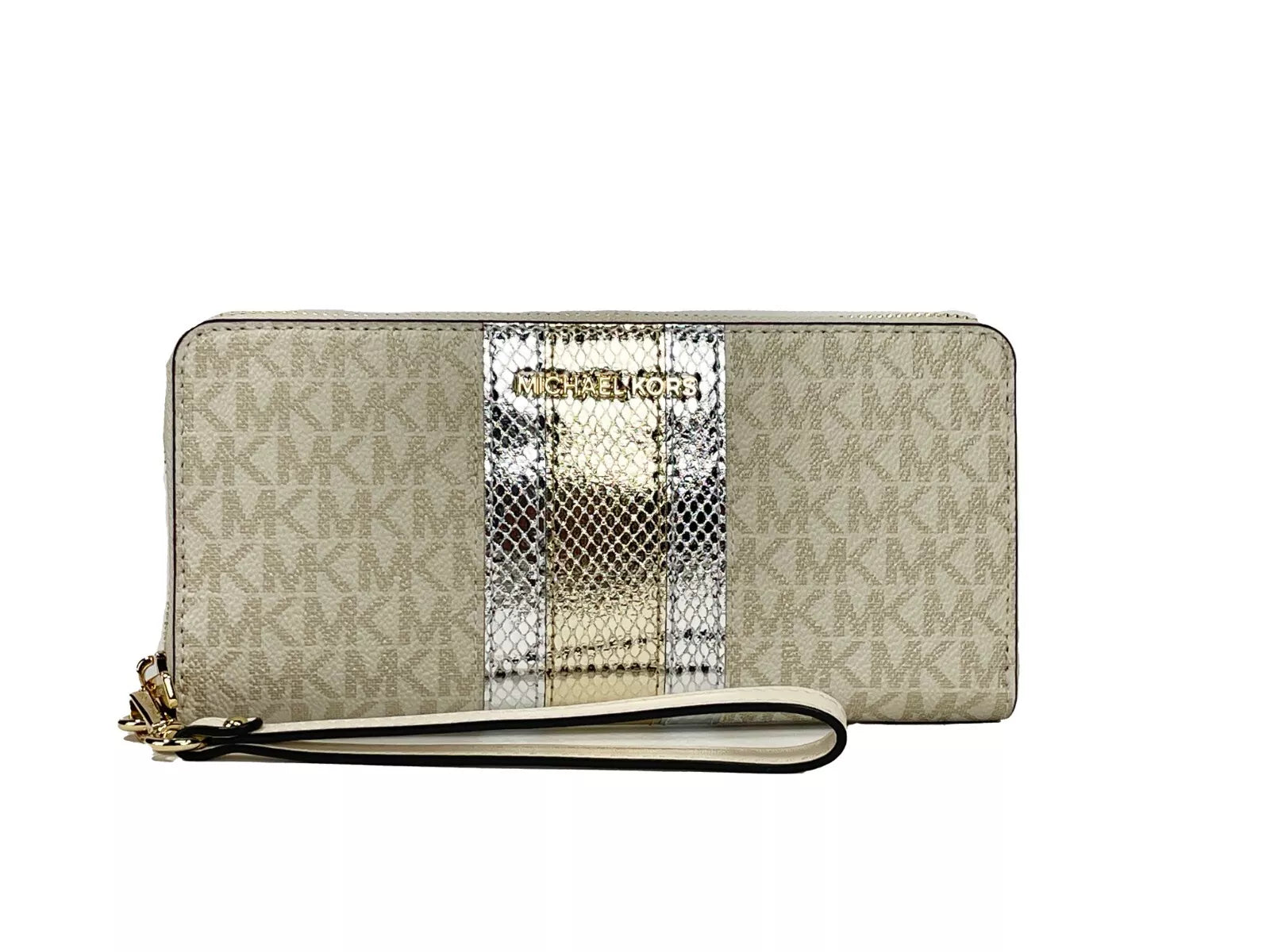 Michael Kors Jet Set Travel Center Stripe Signature Continental Wallet Vanilla Pale Gold - ACCEXO