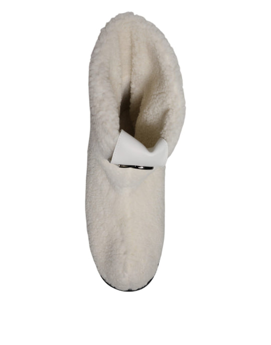 Dolce & Gabbana White Plush Logo Padded Mid Calf Boots Shoes