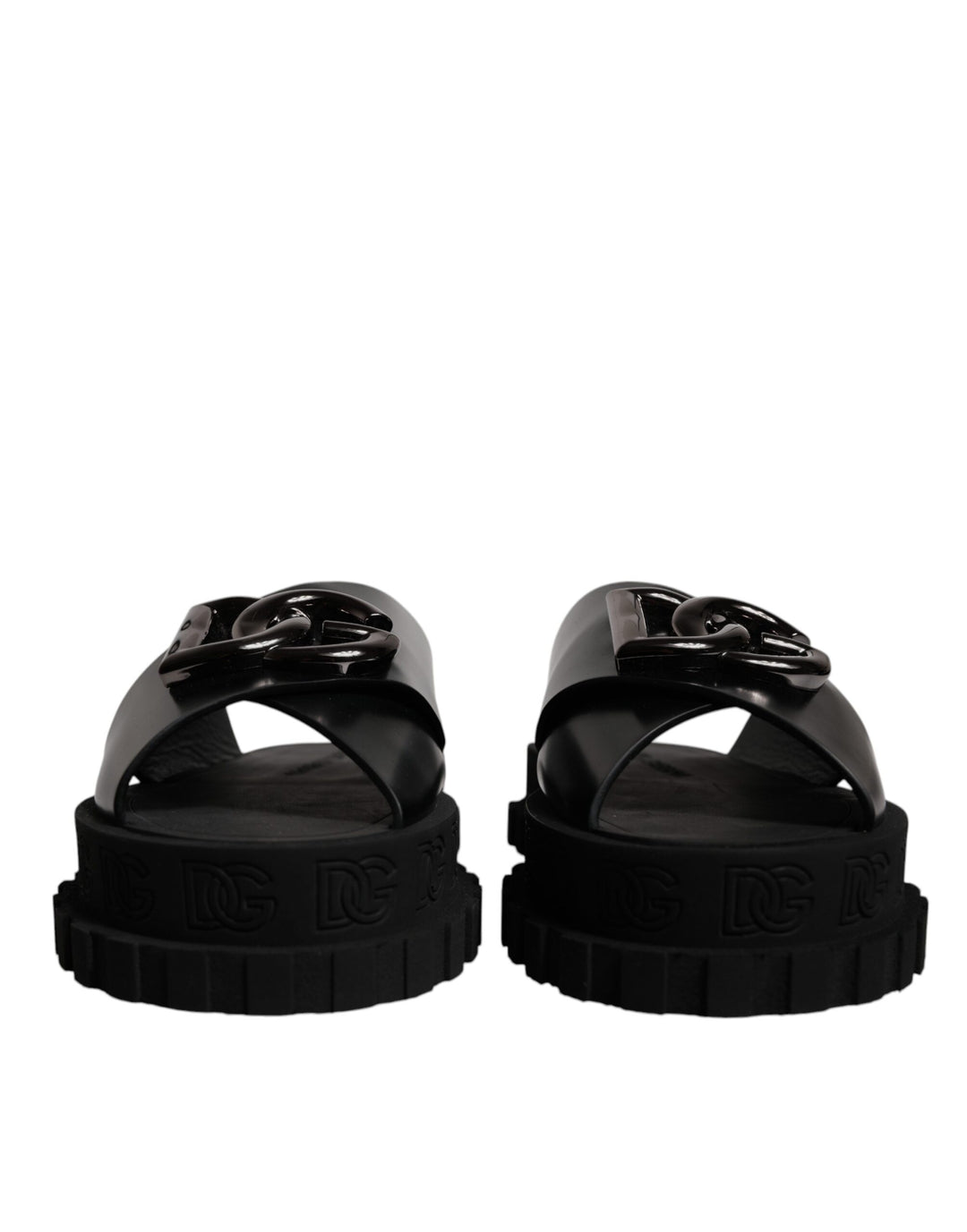 Dolce & Gabbana Black Leather DG Criss Cross Slides Sandals Shoes