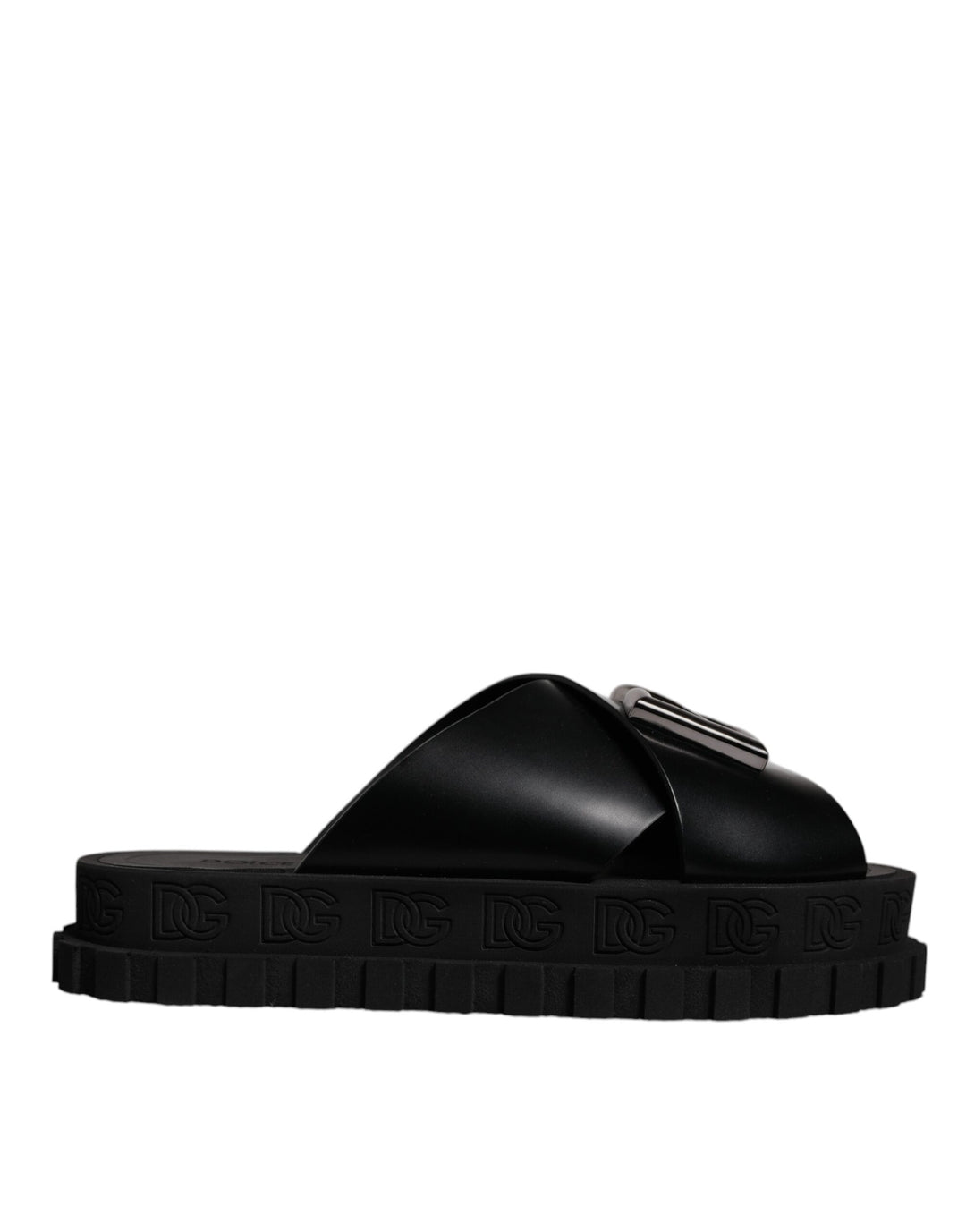 Dolce & Gabbana Black Leather DG Criss Cross Slides Sandals Shoes