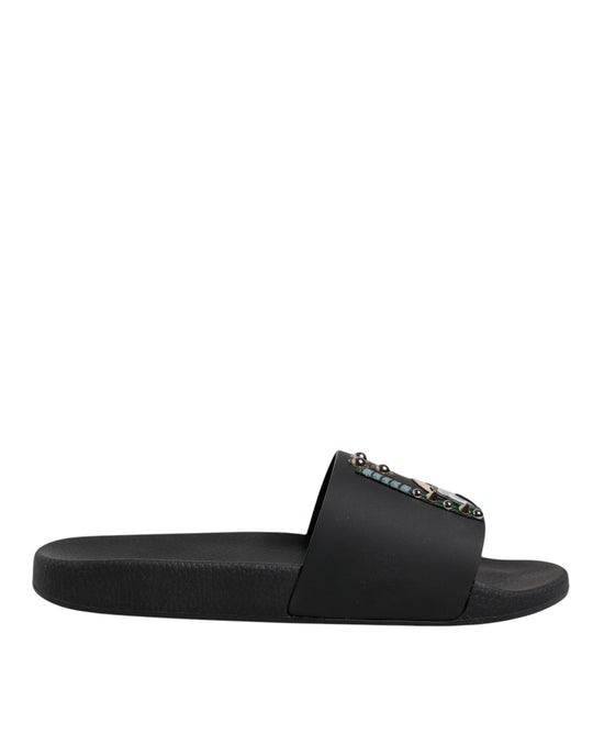 Dolce & Gabbana Black Divers Leather Flats Slides Sandals Beachwear Shoes