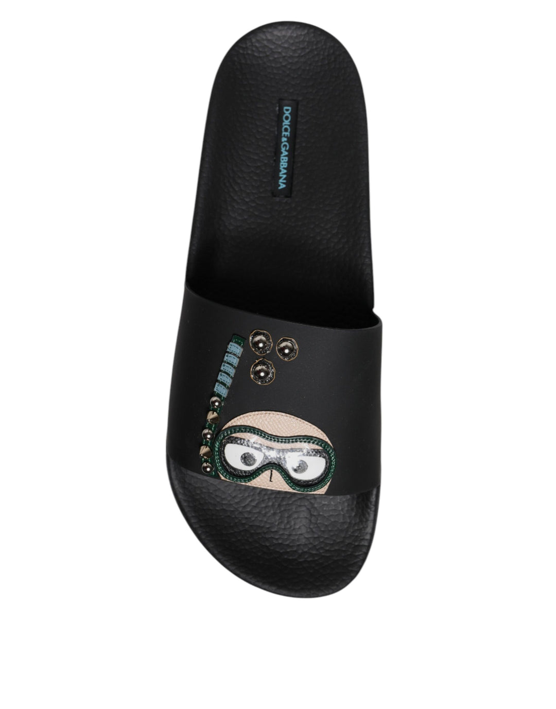 Dolce & Gabbana Black Divers Leather Flats Slides Sandals Beachwear Shoes