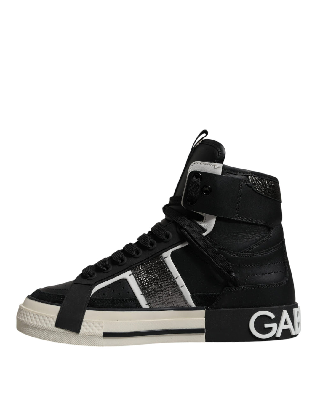 Dolce & Gabbana Black Silver Leather High Top Sneaker Shoes