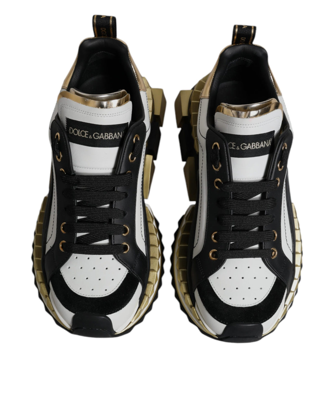 Dolce & Gabbana White Gold Black Leather SUPER KING Sneakers Shoes