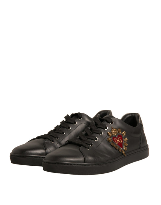 Dolce & Gabbana Black Leather Heart Embellished Sneakers Shoes