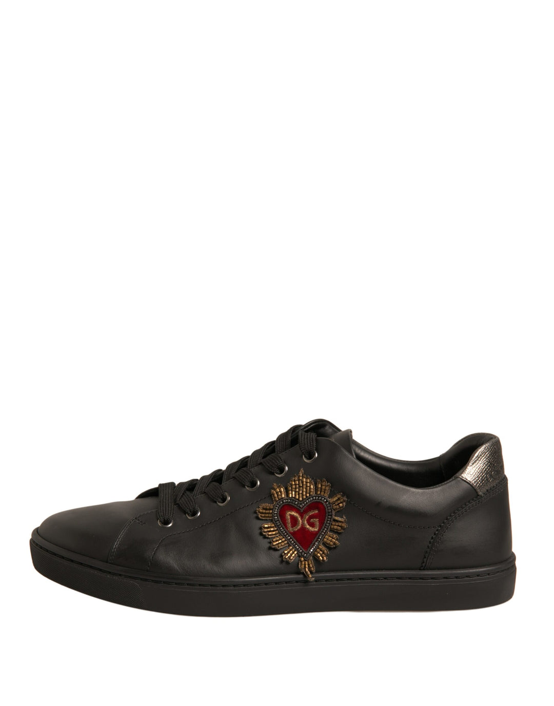 Dolce & Gabbana Black Leather Heart Embellished Sneakers Shoes