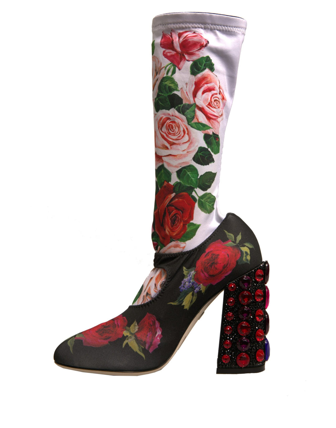 Dolce & Gabbana Black Floral Socks Crystal Boots Jersey Shoes