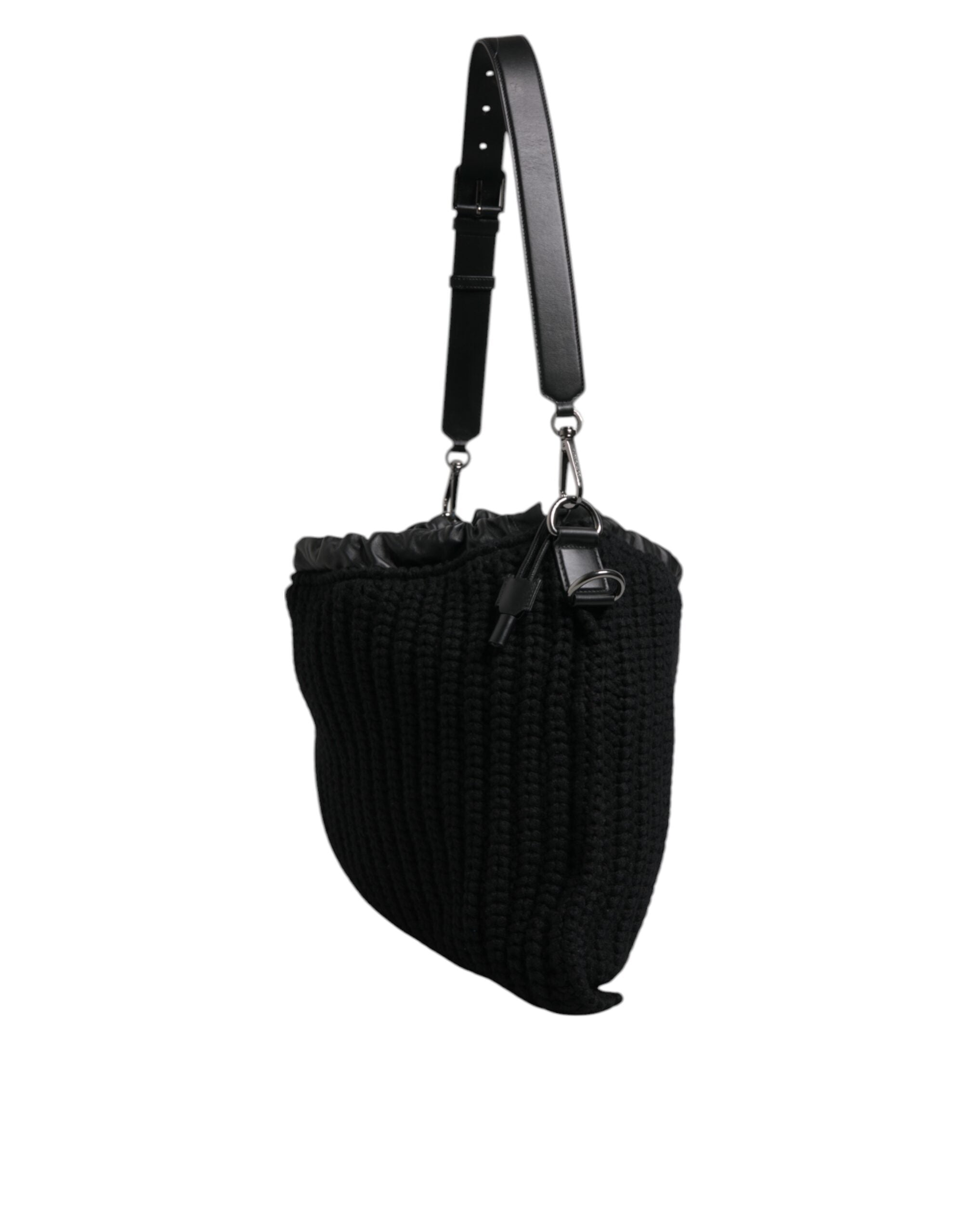 Dolce & Gabbana Black Cashmere Knitted Leather Shoulder Bag - ACCEXO