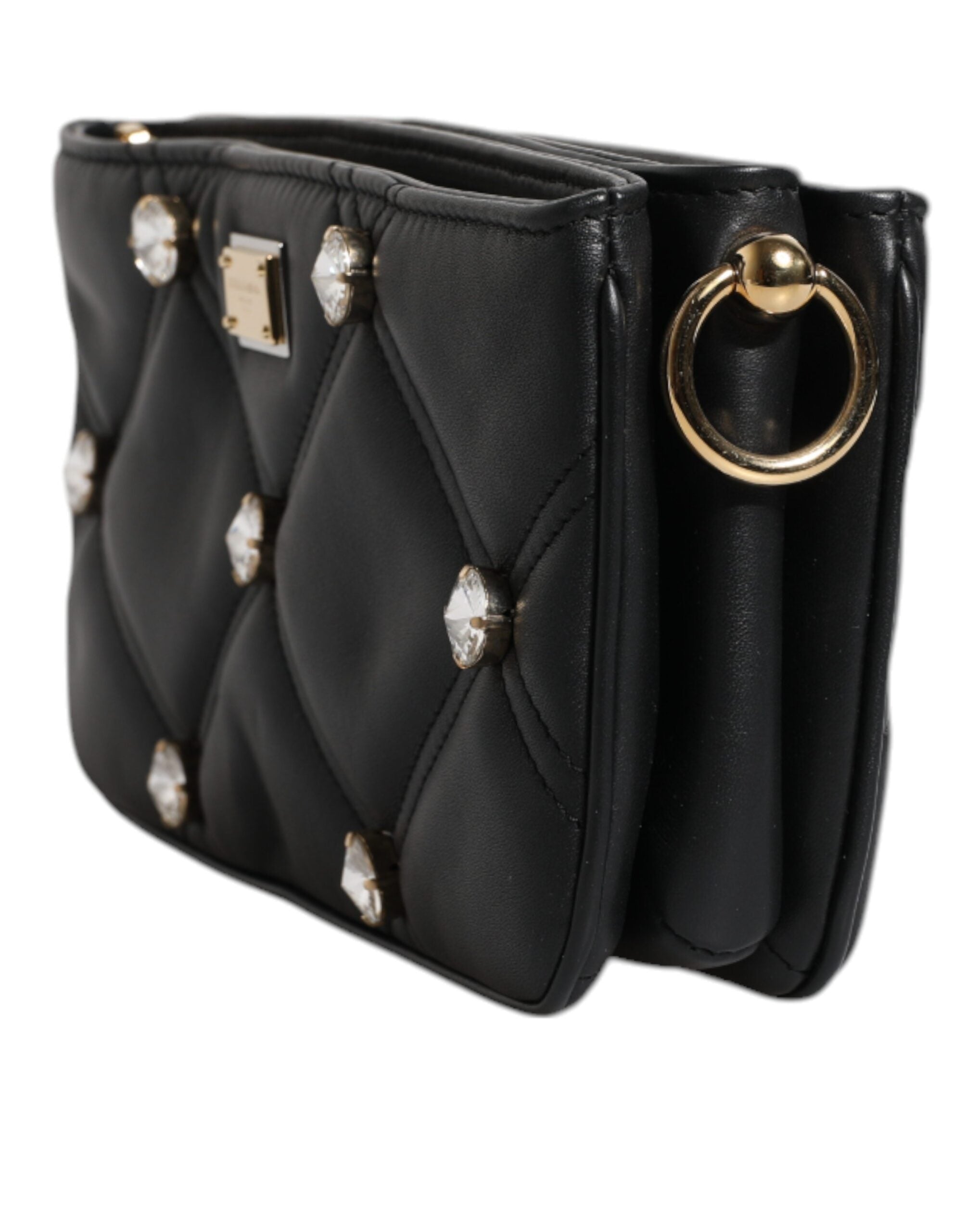 Dolce & Gabbana Black Leather Crystal Embellished Logo Shoulder Bag - ACCEXO
