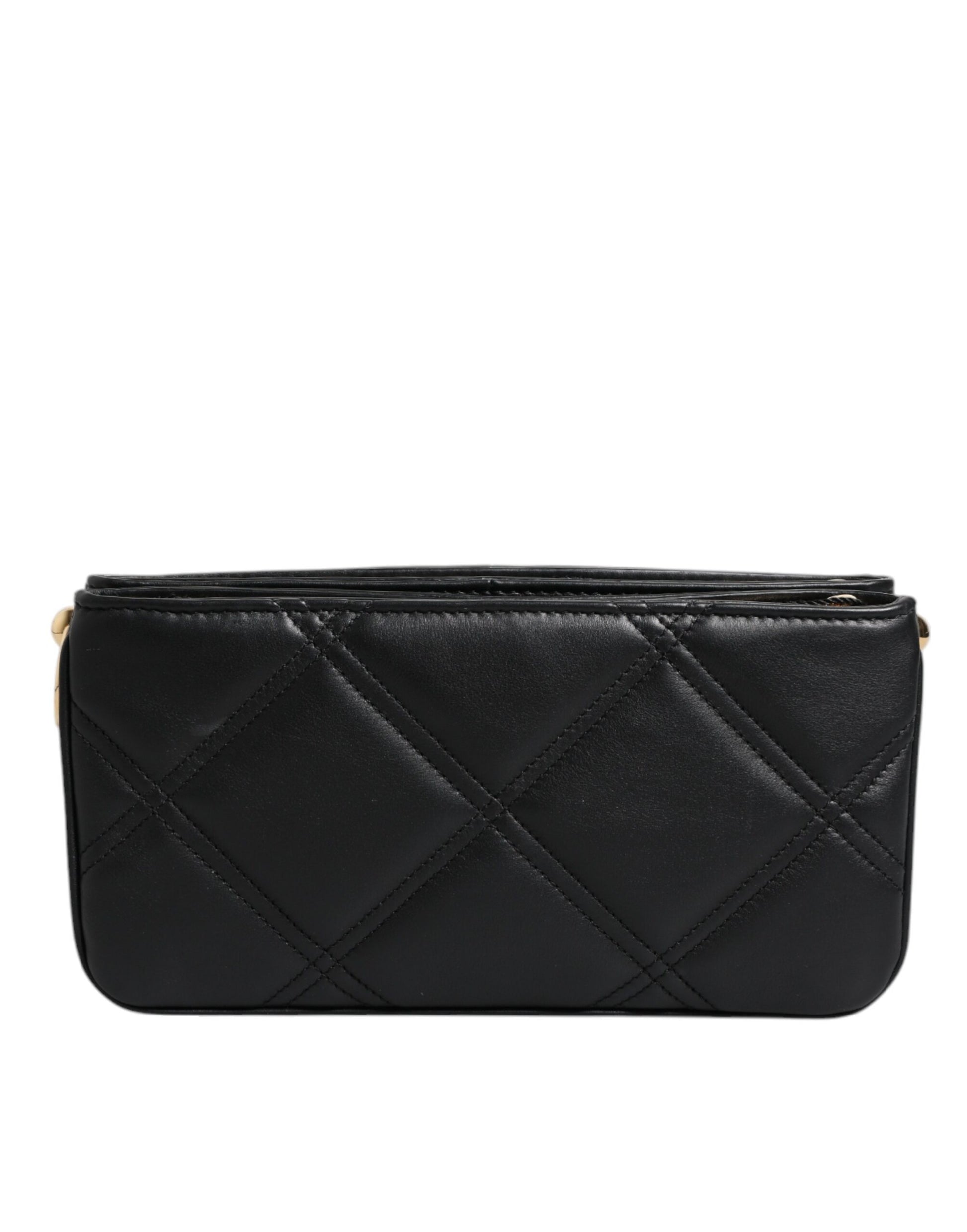 Dolce & Gabbana Black Leather Crystal Embellished Logo Shoulder Bag - ACCEXO