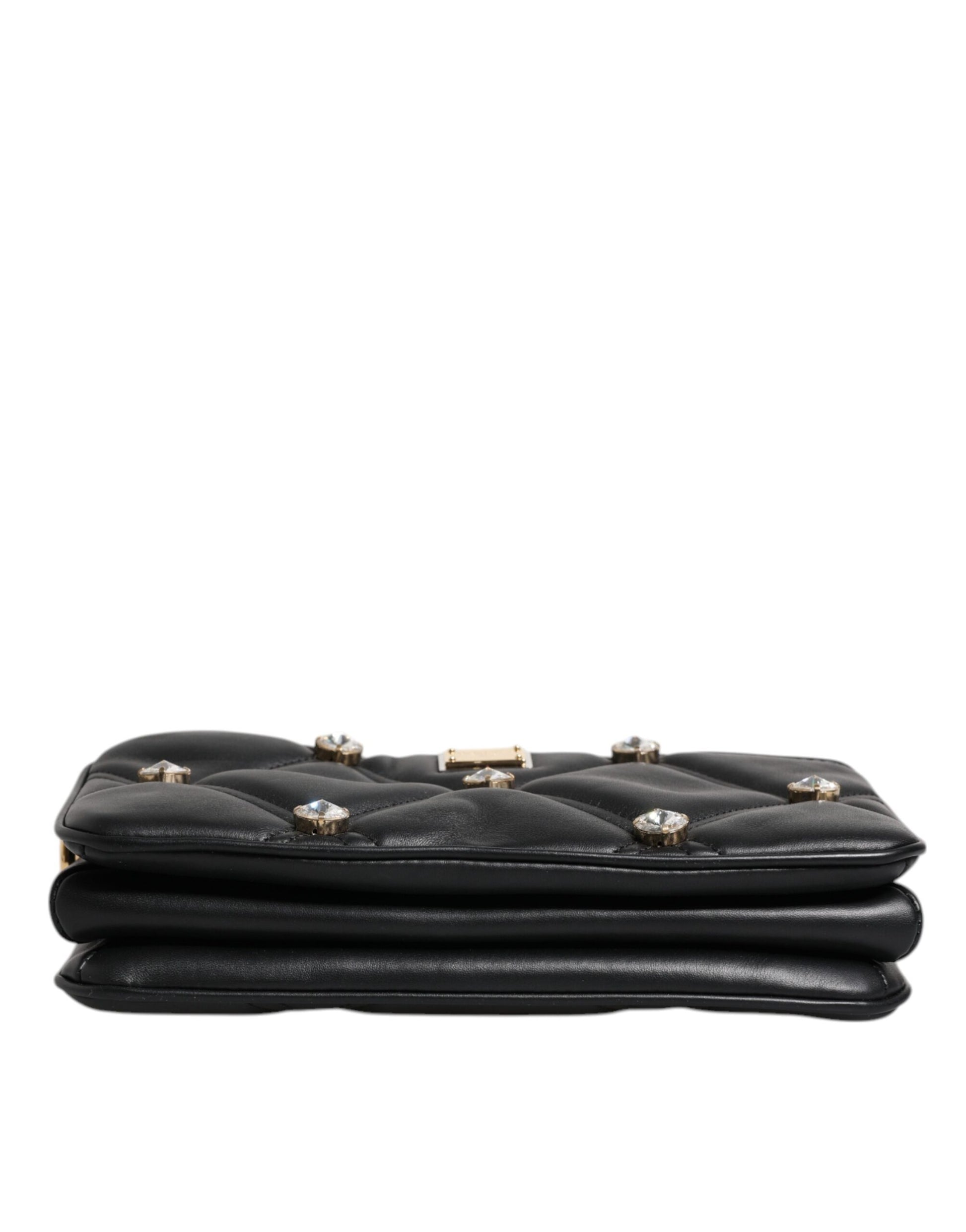 Dolce & Gabbana Black Leather Crystal Embellished Logo Shoulder Bag - ACCEXO