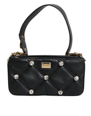 Dolce & Gabbana Black Leather Crystal Embellished Logo Shoulder Bag - ACCEXO