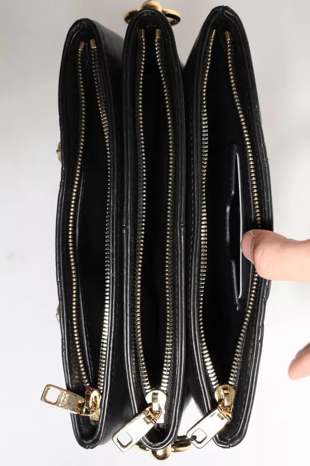 Dolce & Gabbana Black Leather Crystal Embellished Logo Shoulder Bag - ACCEXO