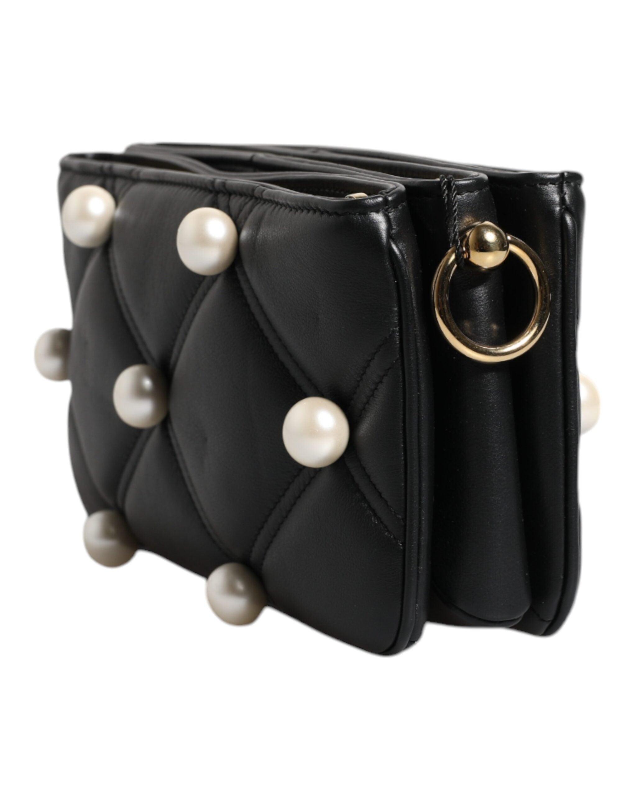 dolce & gabbana Black Leather Pearl Embellished Logo Shoulder Bag  side view