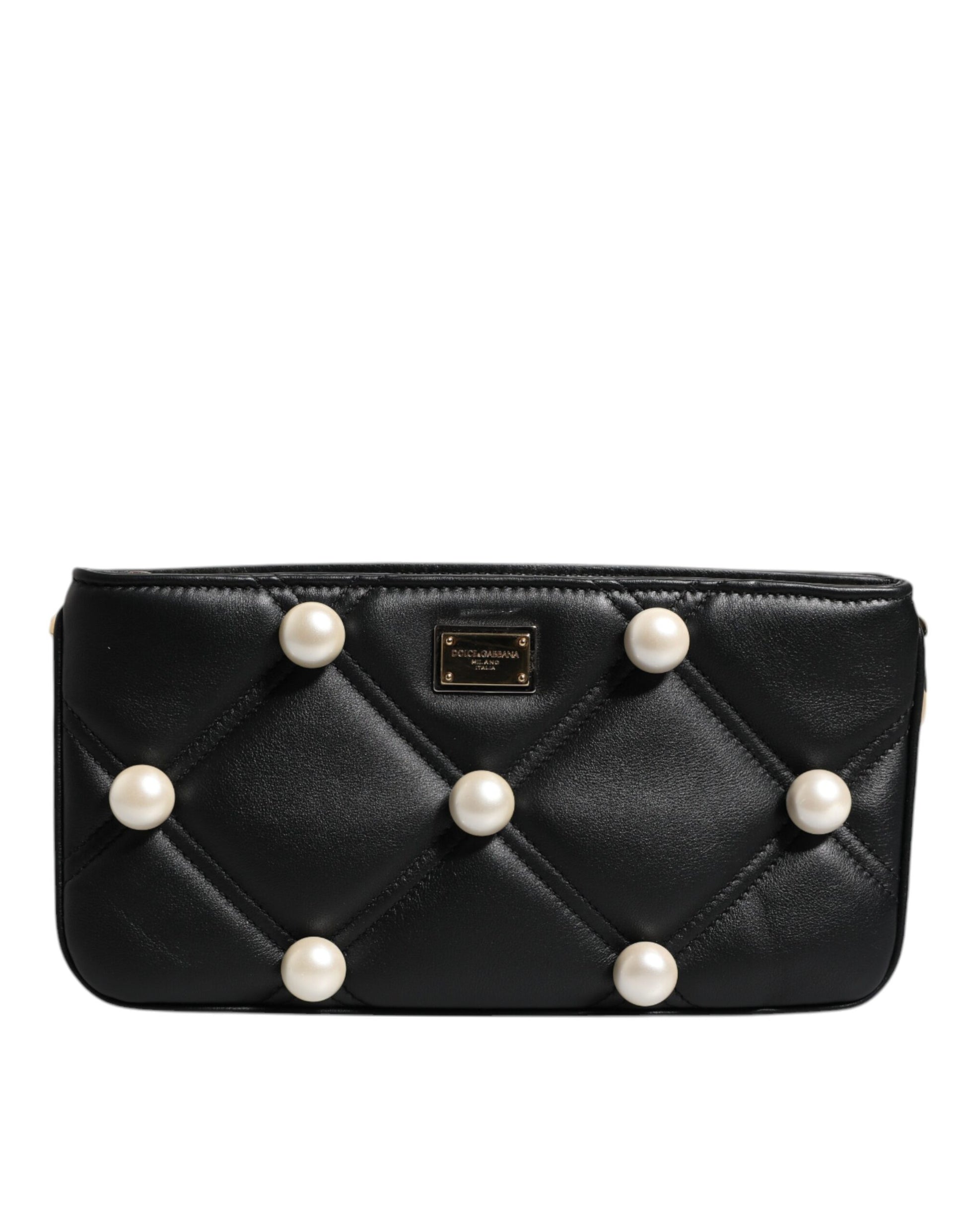 dolce & gabbana Black Leather Pearl Embellished Logo Shoulder Bag