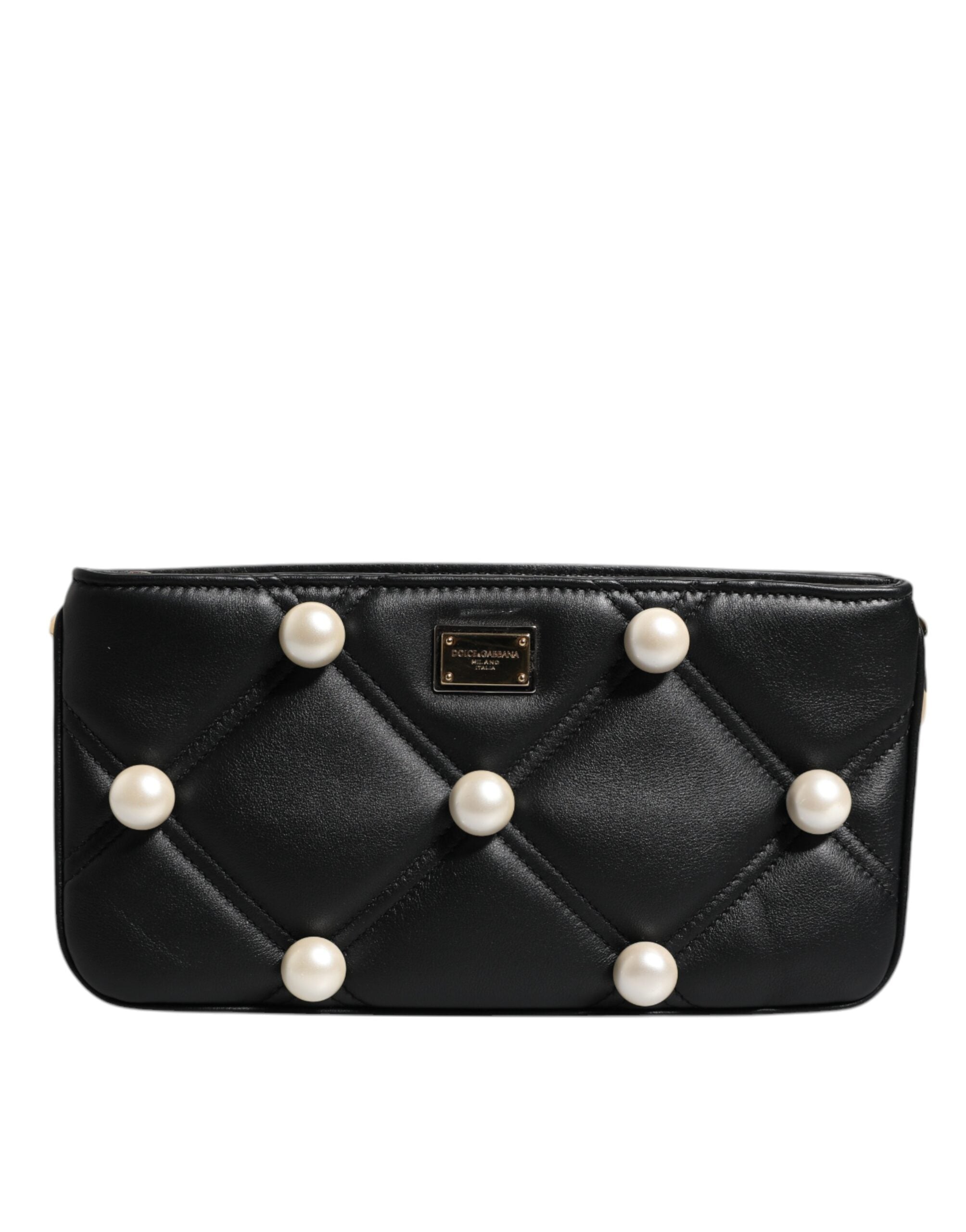 dolce & gabbana Black Leather Pearl Embellished Logo Shoulder Bag