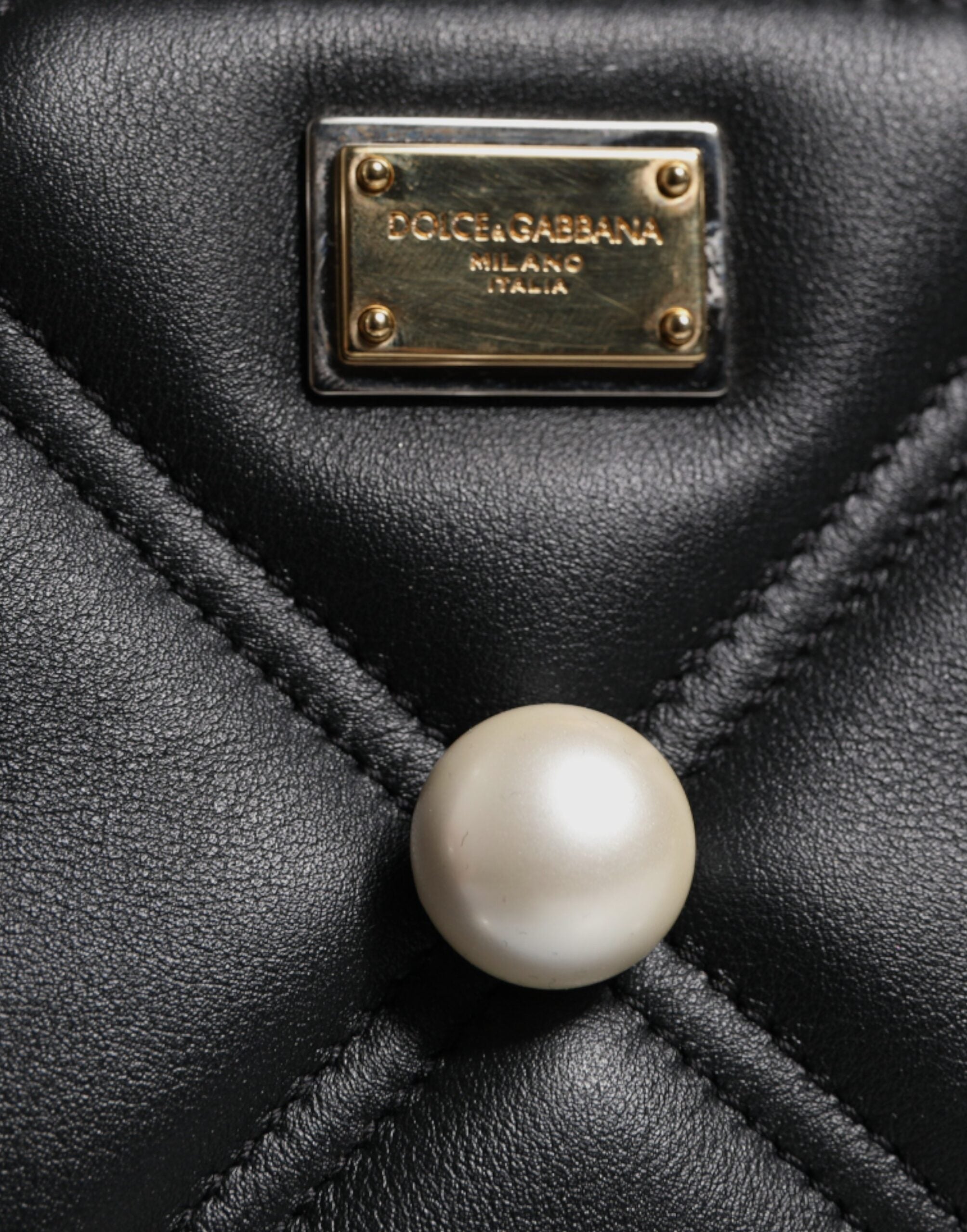 dolce & gabbana Black Leather Pearl Embellished Logo Shoulder Bag, zoom on  brand