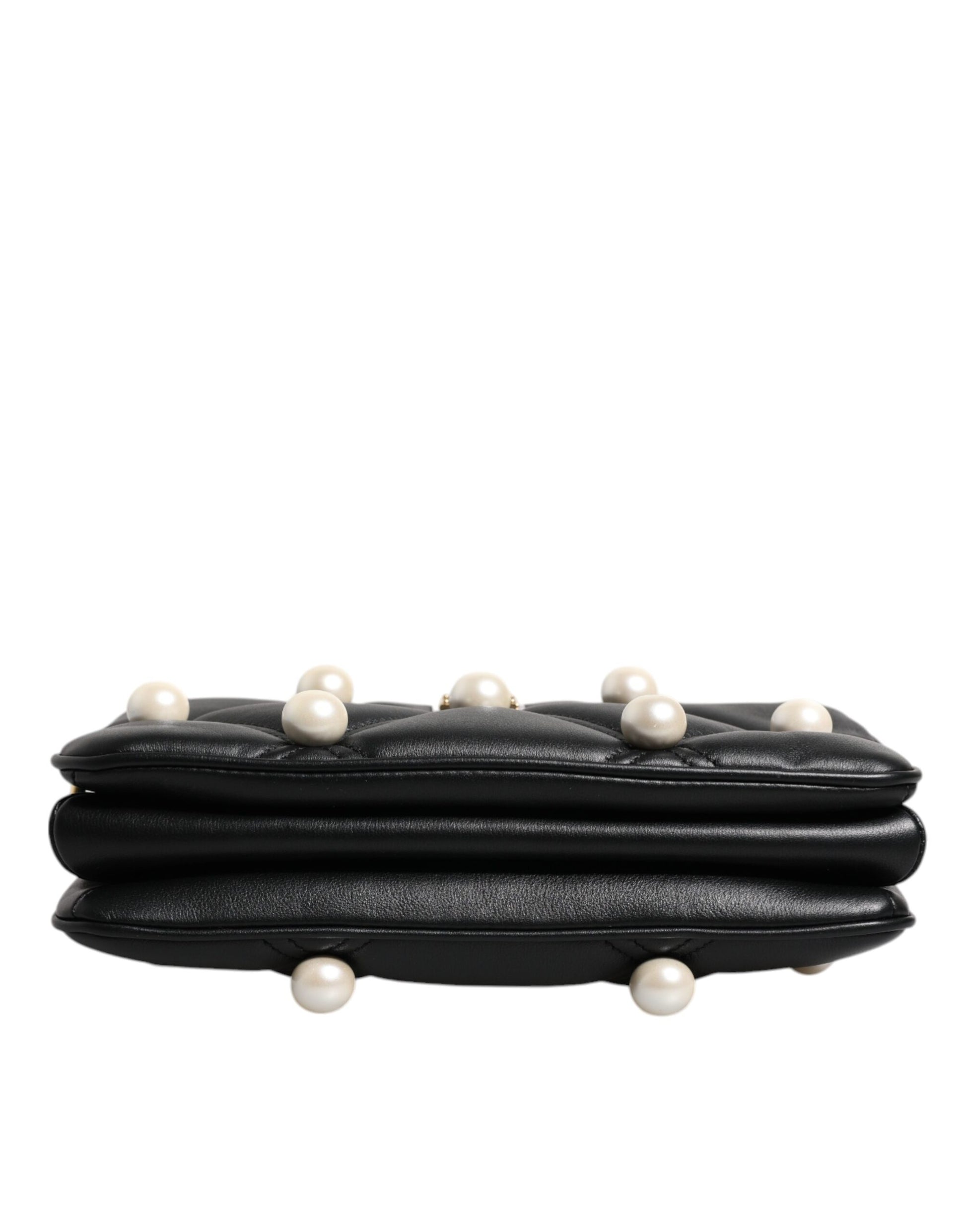 dolce & gabbana Black Leather Pearl Embellished Logo Shoulder Bag, flat bottom view