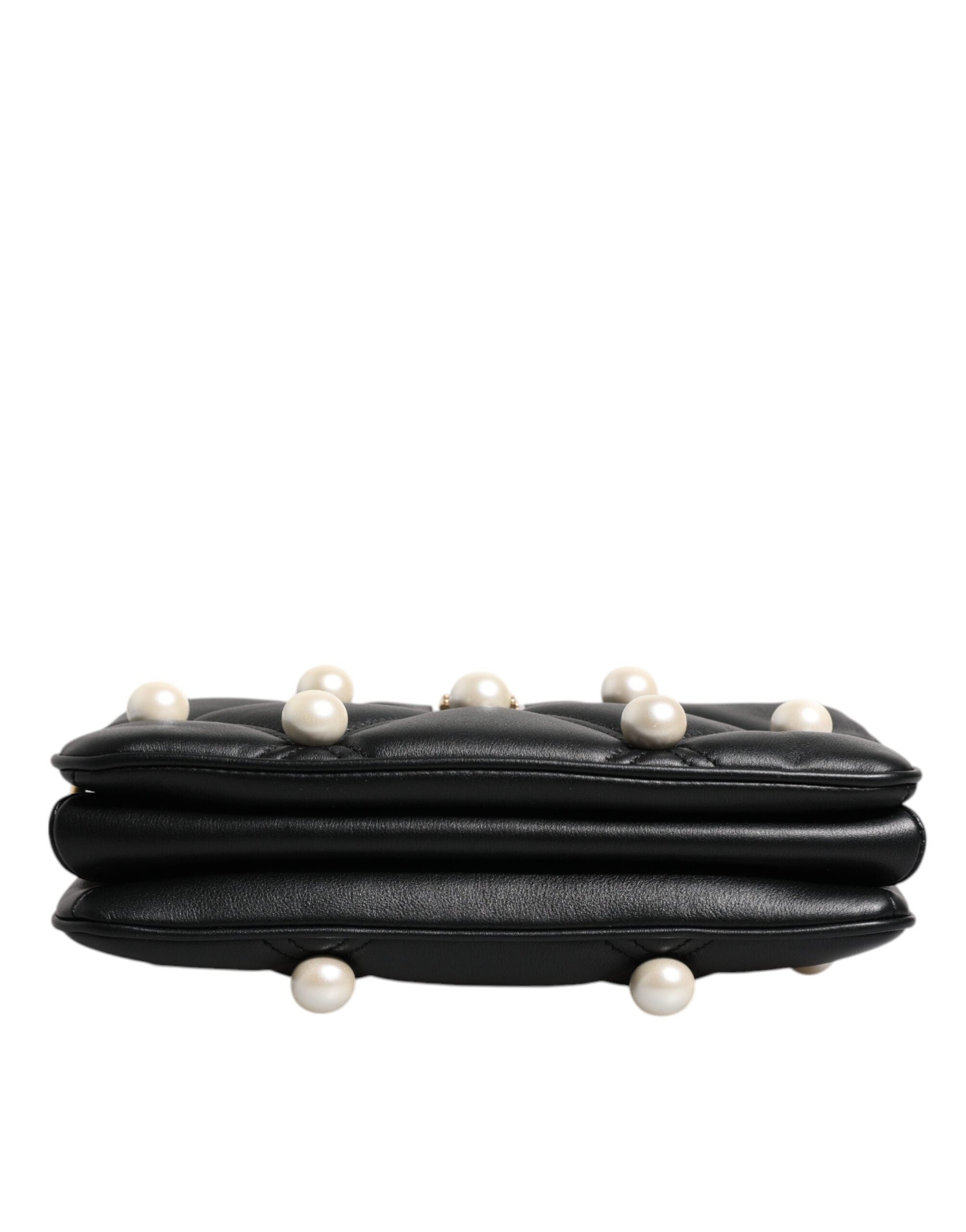 dolce & gabbana Black Leather Pearl Embellished Logo Shoulder Bag, flat bottom view