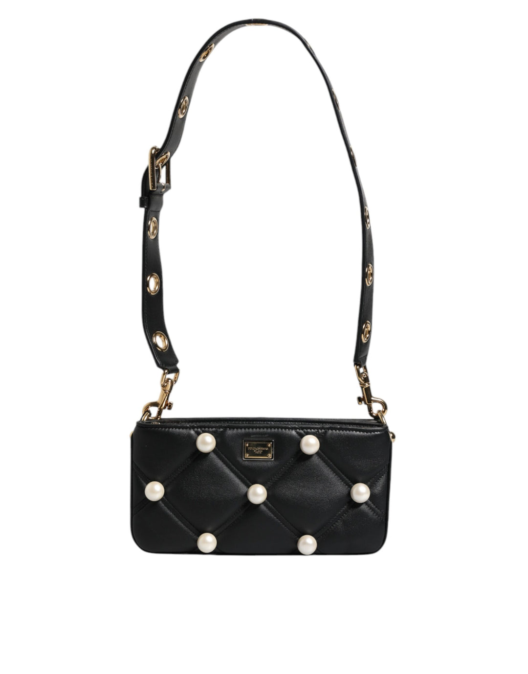 dolce & gabbana Black Leather Pearl Embellished Logo Shoulder Bag full view