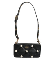 dolce & gabbana Black Leather Pearl Embellished Logo Shoulder Bag full view