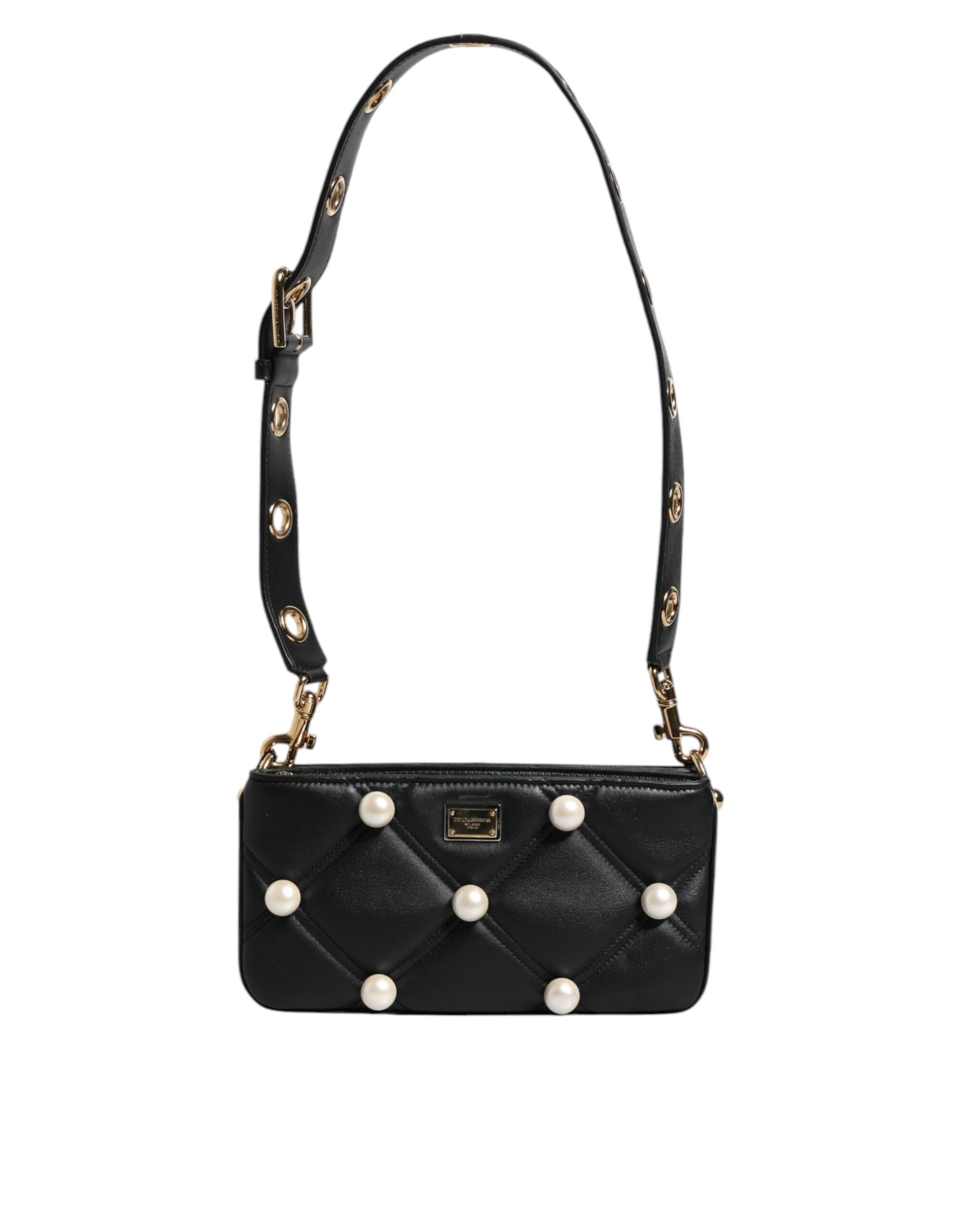 dolce & gabbana Black Leather Pearl Embellished Logo Shoulder Bag 7