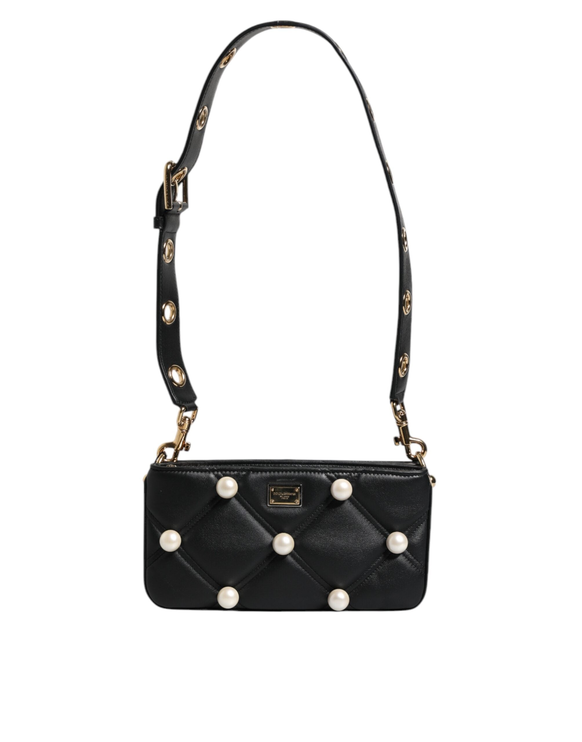 dolce & gabbana Black Leather Pearl Embellished Logo Shoulder Bag 7