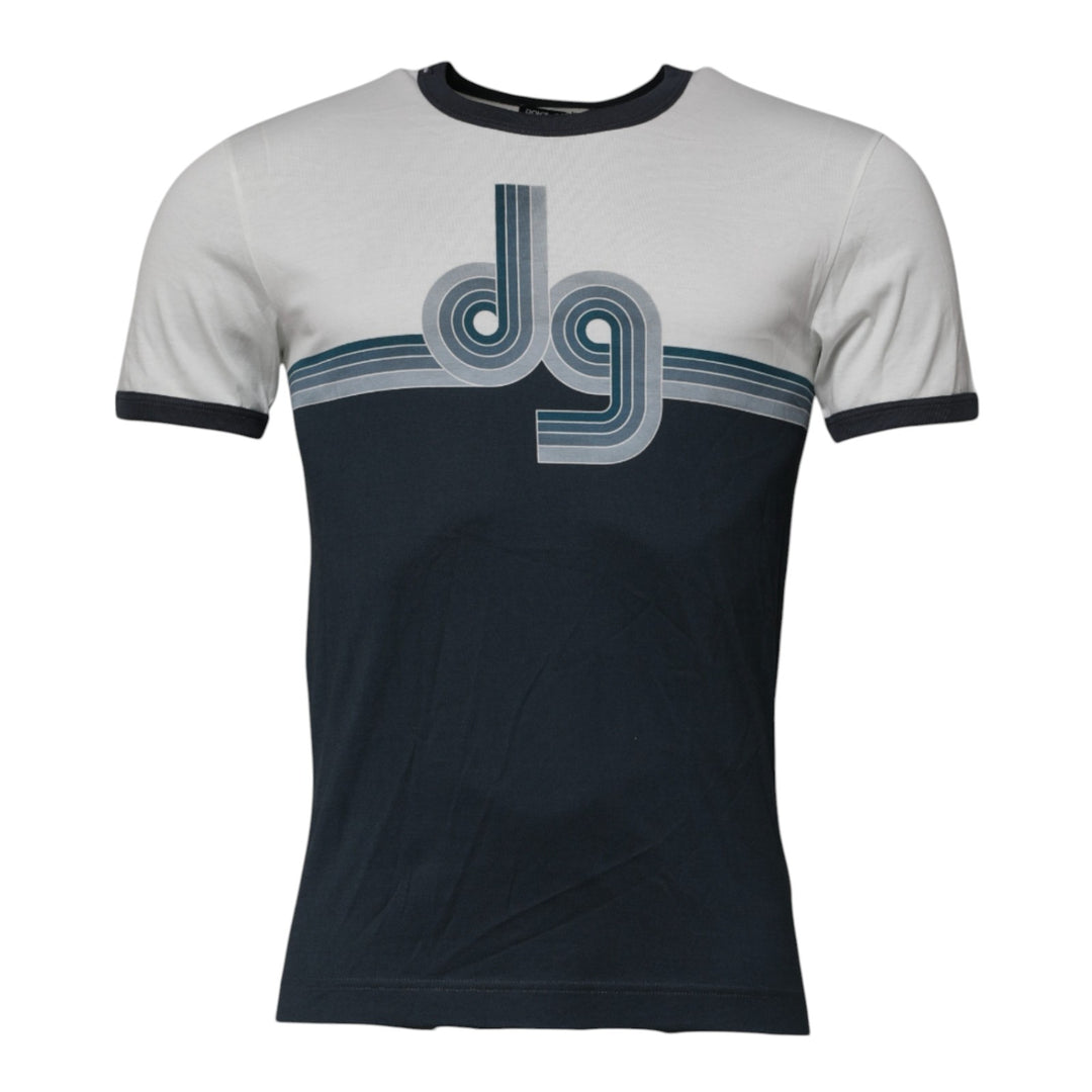 Dolce & Gabbana White Blue Logo Cotton Men Crew Neck T-shirt