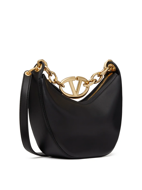 Valentino Garavani Black Leather Mini Hobo Vlogo Shoulder Bag