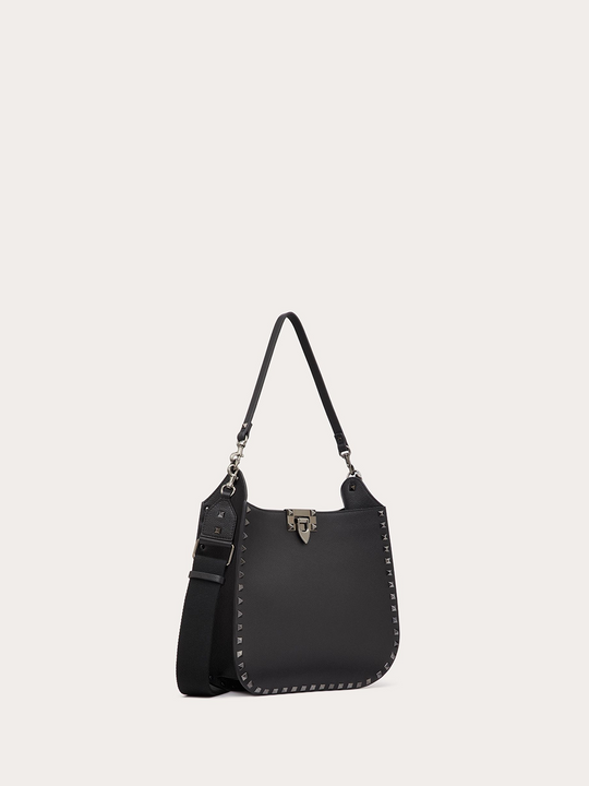 Valentino Garavani Black Grainy Calf Hobo Rockstudt Bag