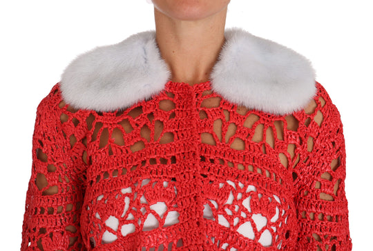 Dolce & Gabbana Elegant Red Crochet Knit Cardigan with Fur Collar