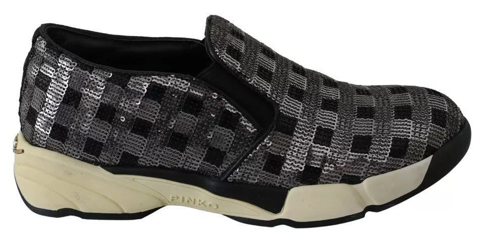 PINKO Silver Black Slip-on Sequence Design Sneakers Shoes - ACCEXO