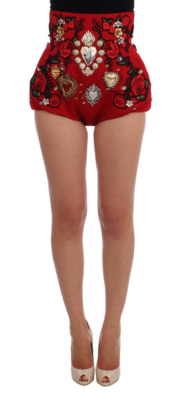 Dolce & Gabbana Red Silk Crystal-Embellished Mini Shorts - ACCEXO