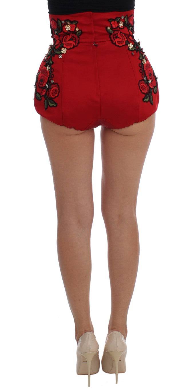 Dolce & Gabbana Red Silk Crystal-Embellished Mini Shorts - ACCEXO