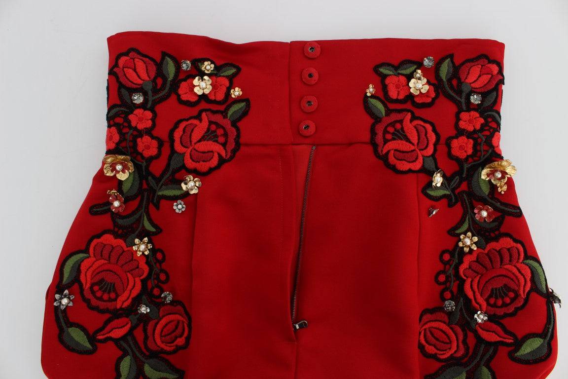 Dolce & Gabbana Red Silk Crystal-Embellished Mini Shorts - ACCEXO