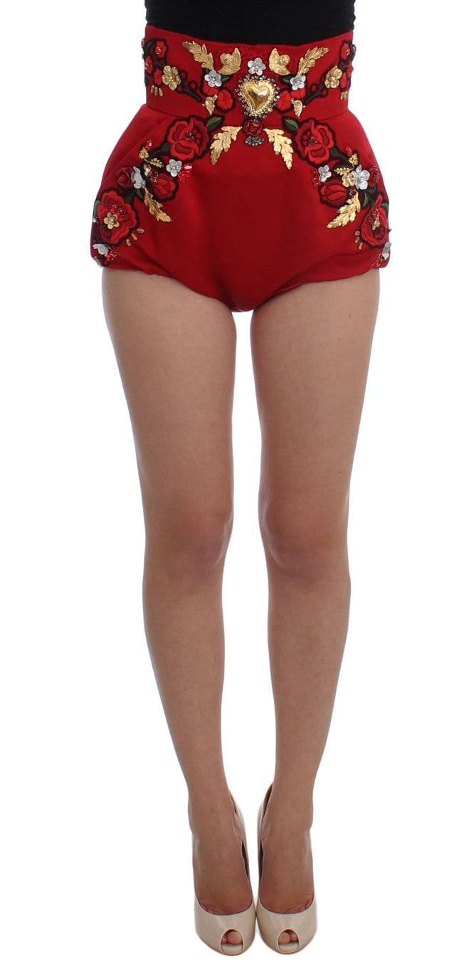 Dolce & Gabbana Red Silk Crystal-Embellished High Waist Shorts - ACCEXO