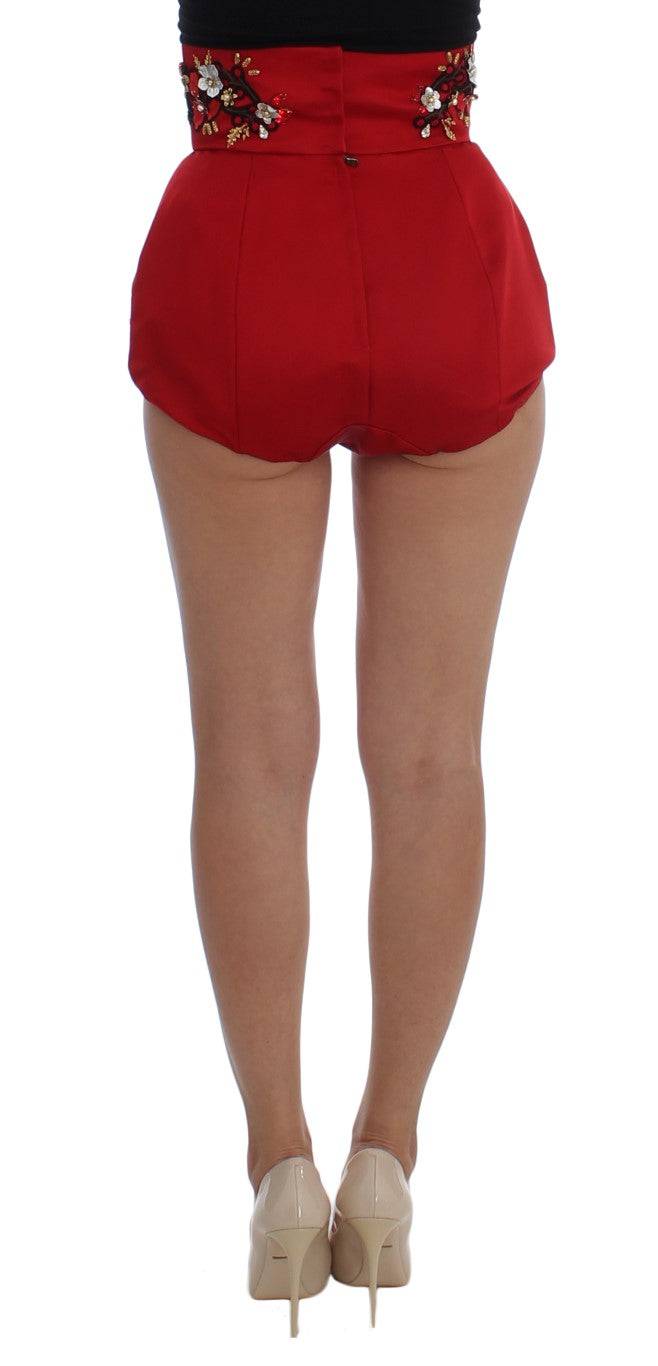 Dolce & Gabbana Red Silk Crystal-Embellished High Waist Shorts - ACCEXO
