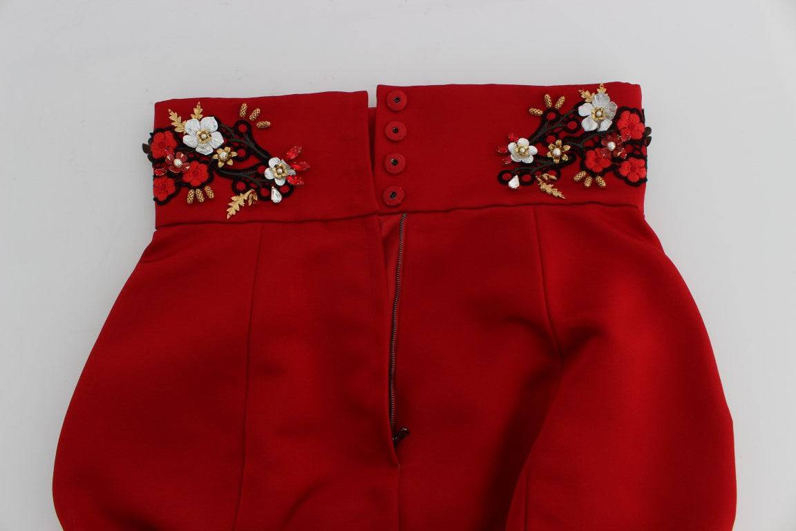 Dolce & Gabbana Red Silk Crystal-Embellished High Waist Shorts - ACCEXO