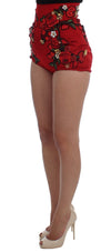 Glamorous Red Silk Floral Embroidered Shorts