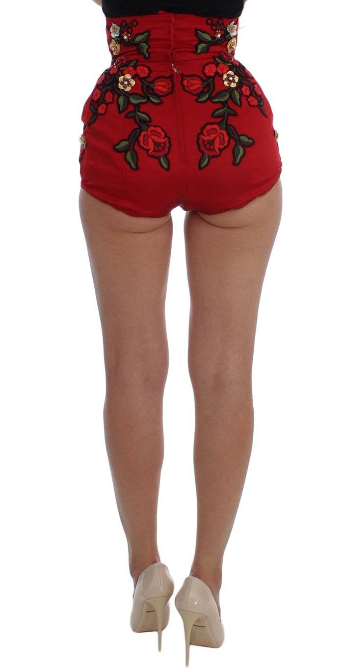 Dolce & Gabbana Glamorous Red Silk Floral Embroidered Shorts - ACCEXO