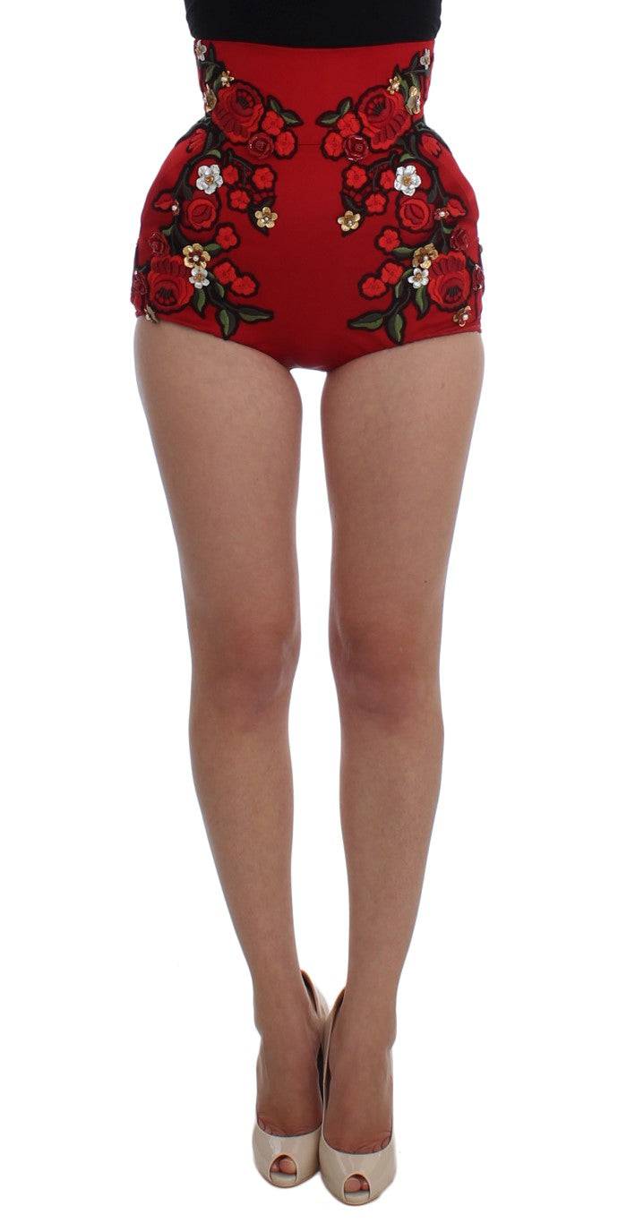 Dolce & Gabbana Glamorous Red Silk Floral Embroidered Shorts - ACCEXO