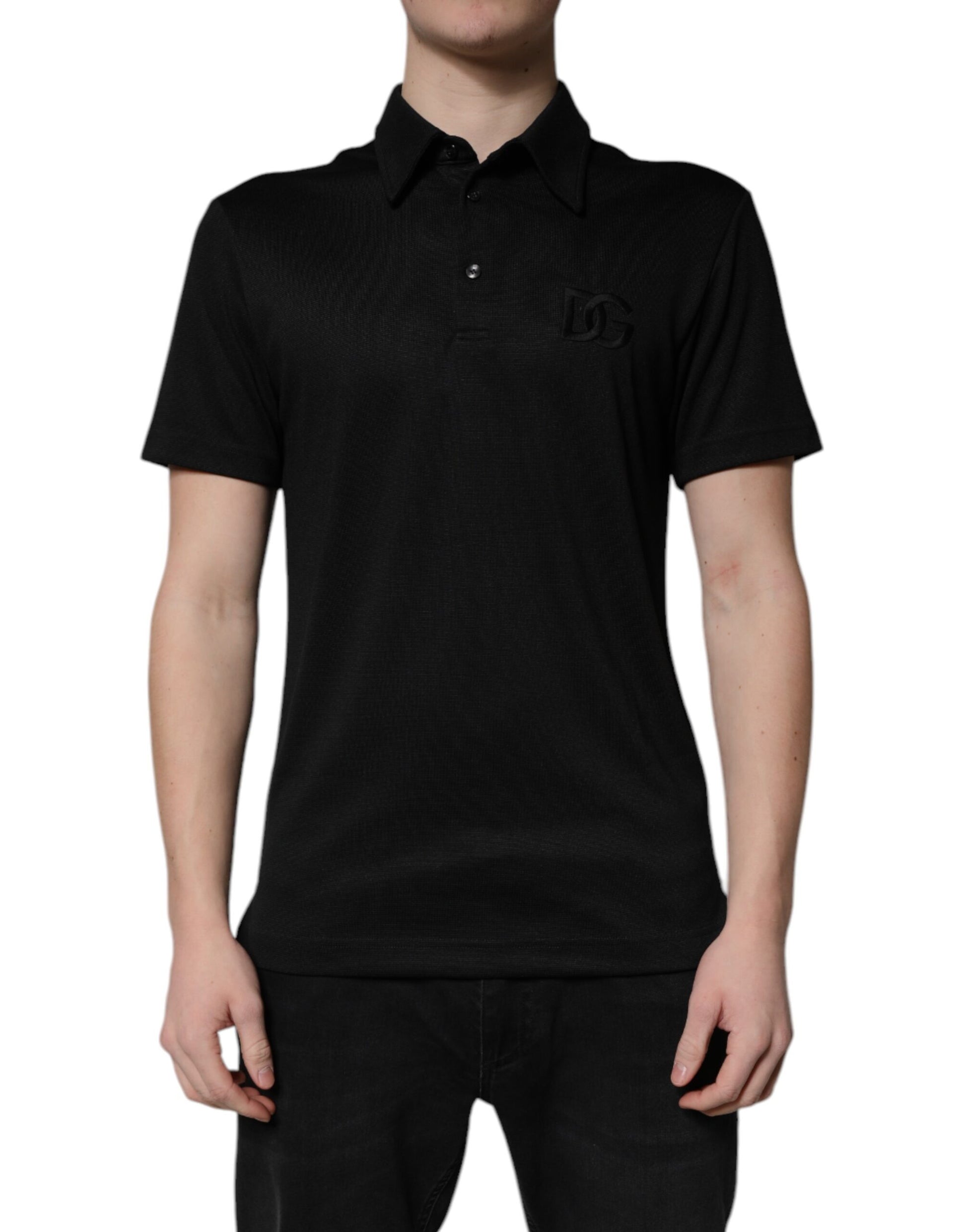 Dolce & Gabbana Black Polyester DG Logo Collared Polo T-shirt - ACCEXO
